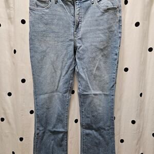 Express light wash cropped flare high rise stretch jeans 10R raw cutoff hem